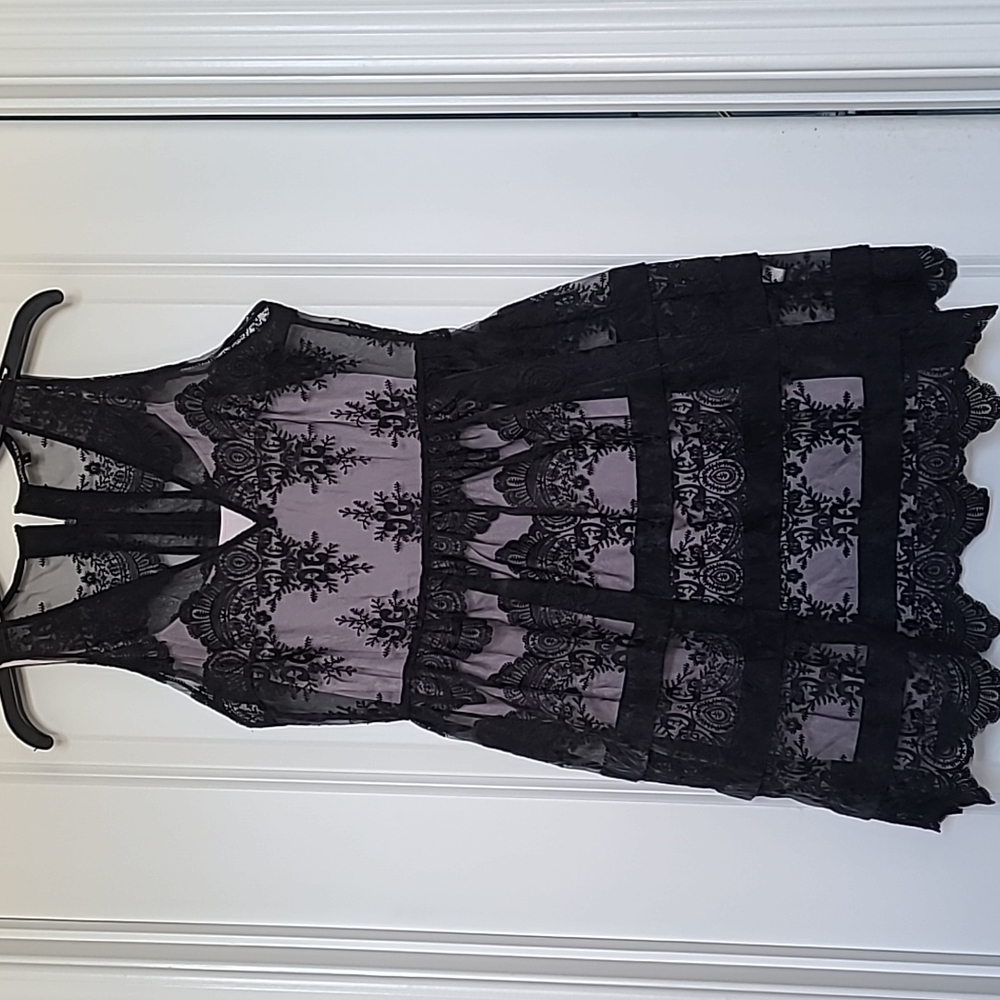 EUC. Marissa Webb Black Lace Mini Dress with lavender slip